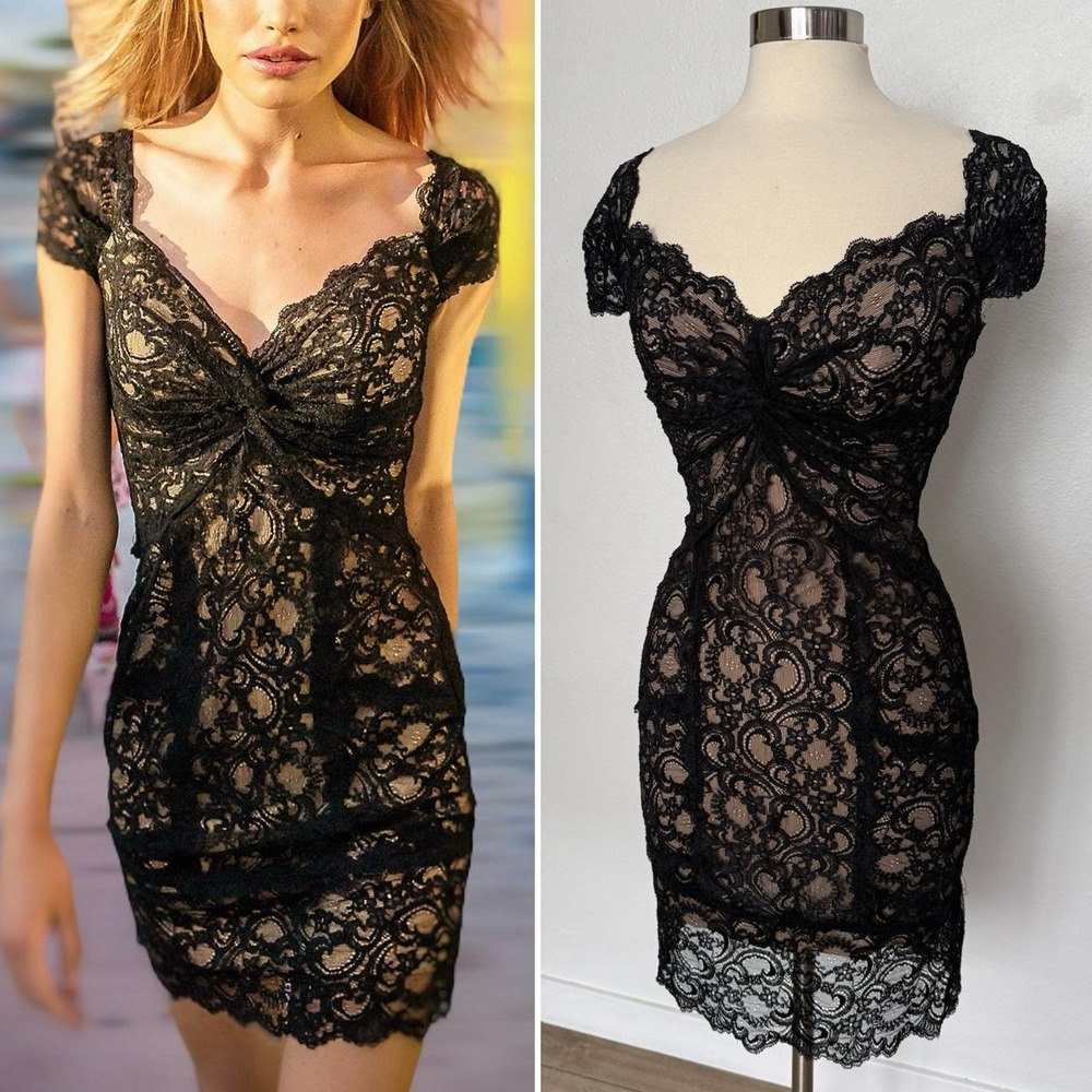 Nicole Miller Black Lace Siren Mini Dress Nude Illusion Size P
